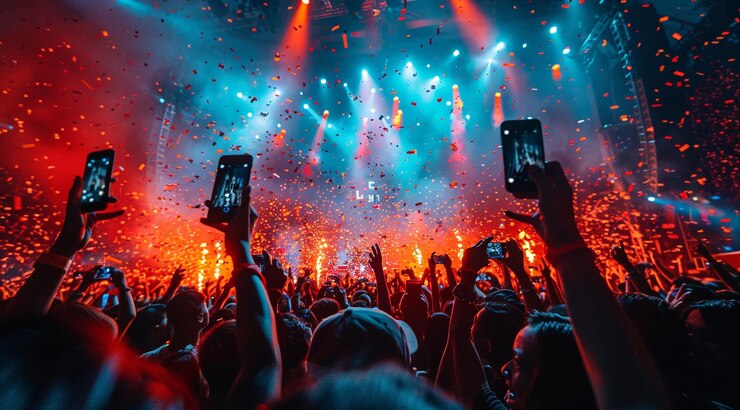 Photo a crowd of people with their phones up in the air with the words quot rock quot on the top