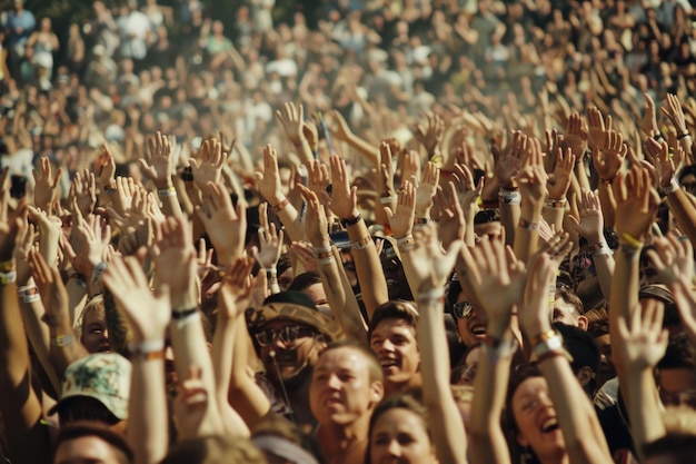 Photo crowd raising their hands and enjoying great festival party