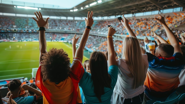 Photo crowd of spectators at a sports stadium are cheering and waving their arms in excitement