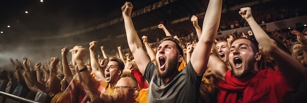 Photo crowd of sports fans cheering during a match in a stadium people excited cheering for their favorite sports team to win the game