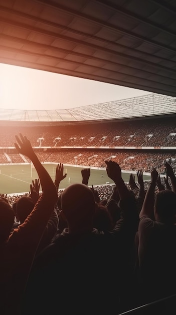 A crowd at a sports stadium with their hands up in the air