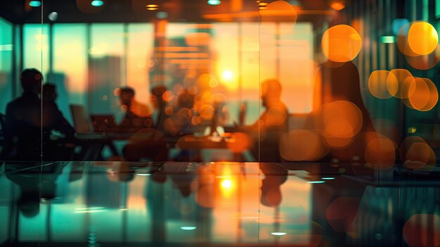 crowd at tables computer monitors Blurred office background business background out of focus