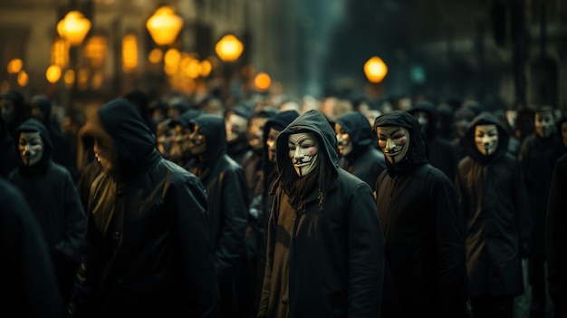 A crowd of unknown anonymous mask people walk in night city Generative AI