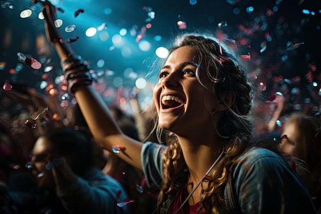 Crowd and vibrant artists in a hypnotizing show under sparkling lights generative IA