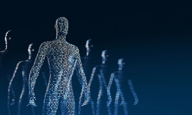 Crowd of walking digital people. The concept of the symbiosis of man and technology. Computer integration in humans. 3d rendering