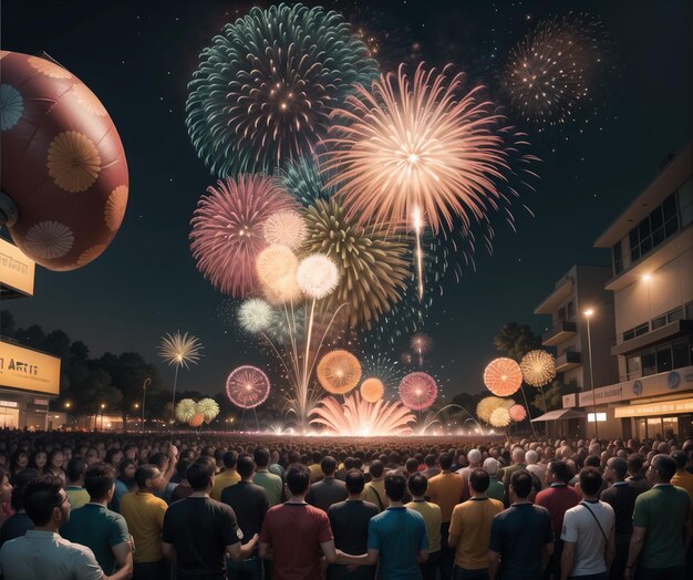 A crowd watches fireworks in the sky