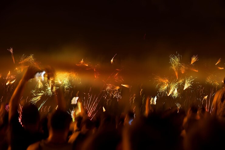 Photo crowd watching firework display at night