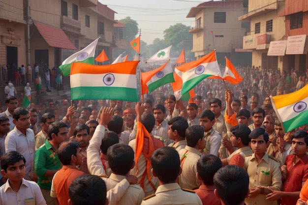 crowd waving Bharat Flag