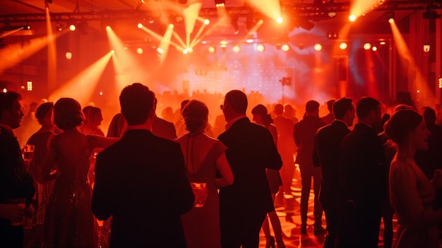 A crowd of welldressed people spend time at a large corporate party