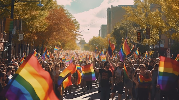 A crowd with lgbt rainbow flags