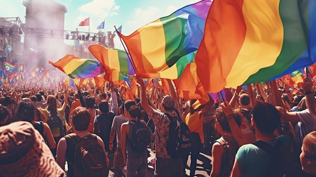 A crowd with lgbt rainbow flags