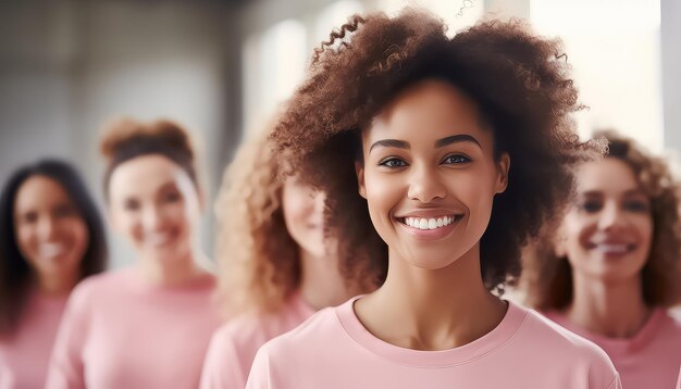 ピンクのスウェットを着た異なる人種の女性の群れが笑顔で世界がんデーコンセプト