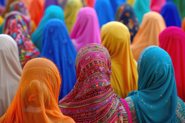 Crowd of women in vibrant traditional dresses