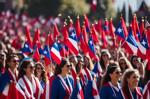 A crowd of women with flags and the words " state " on them.