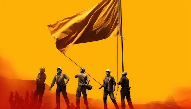 Foto folla di lavoratori sotto bandiera su sfondo di colore rosso e giallo