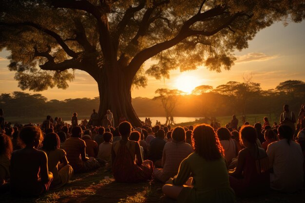 Crowd in worship under open sky in serene field generative IA