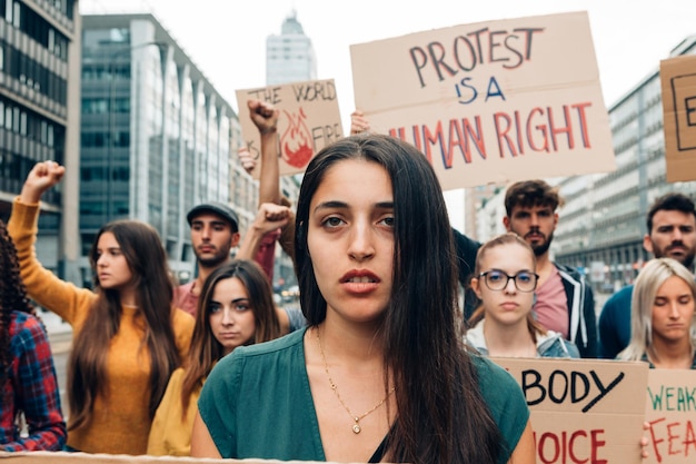 Crowd of young people protesting in defense of human rights