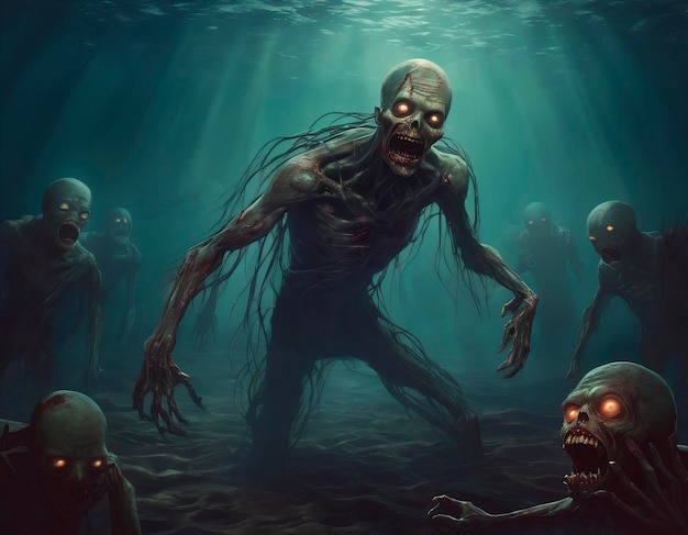 A crowd of zombies underwater in the sea