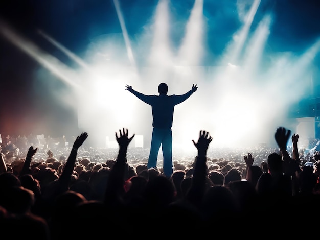 the crowded church worship rally with distance silhouette figure of the televangelist on stage light