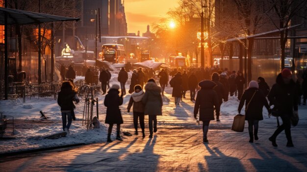 Crowded cities during golden hour