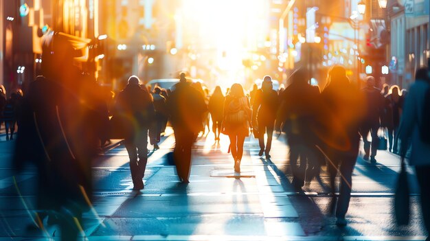 写真 道路を横断する人々で混雑した街道 背景の暖かい日光