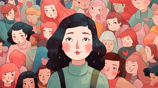 a crowded crowd illustration in the style of colorful melancholy