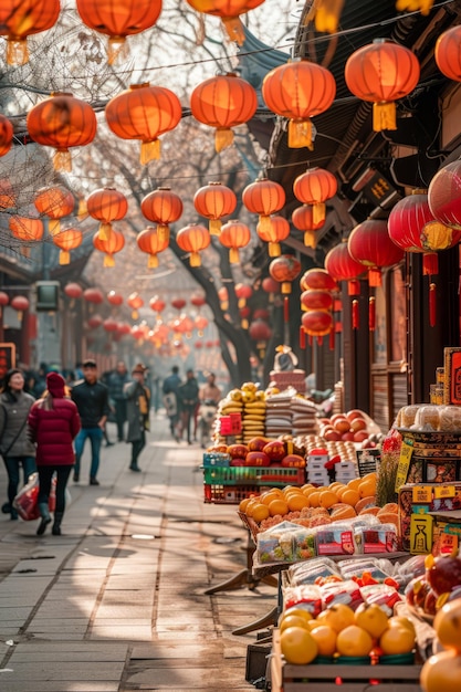 Photo crowded hutong with red lanterns and people walking