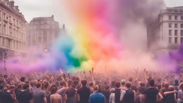 crowded lgbt community and activists celebrate gay pride parade rainbow colours big city