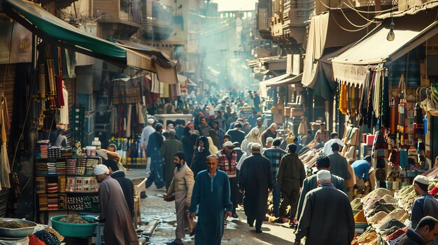 Foto strada del mercato affollata di persone che indossano abiti tradizionali