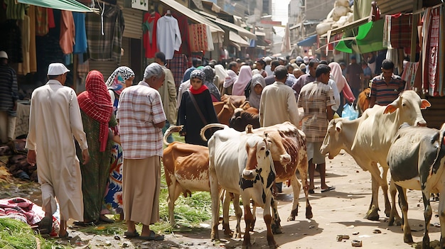 Photo crowded market with people and animals