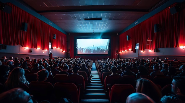 A crowded movie theater is watching a movie The red curtains are drawn back and the projector is casting a bright light on the screen