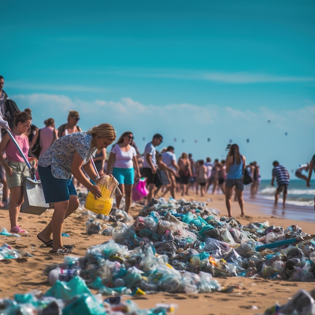 Crowded people cleaning the beach under sunny blue sky