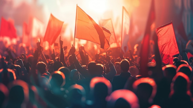 Crowded political rally with enthusiastic supporters holding banners and flags