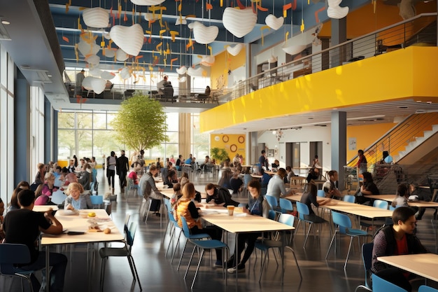 テーブルに座っている多くの個人と混雑した部屋 学生で満ちた近代的な学校のカフェテリア AI生成