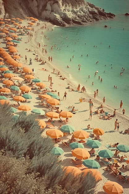 Crowded sandy beach with tourists relaxing by the sea created with generative AI