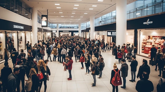 A crowded shopping mall on Black Friday