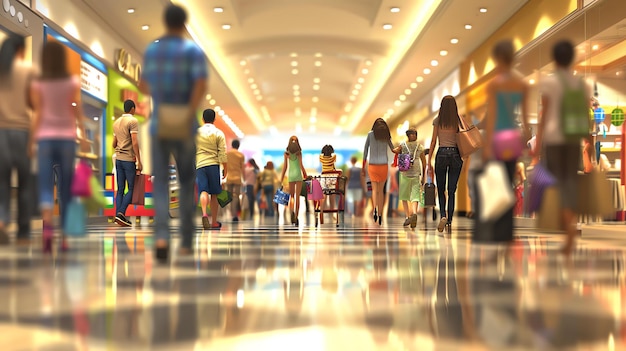 Foto un centro commerciale affollato con persone sfocate che camminano sullo sfondo