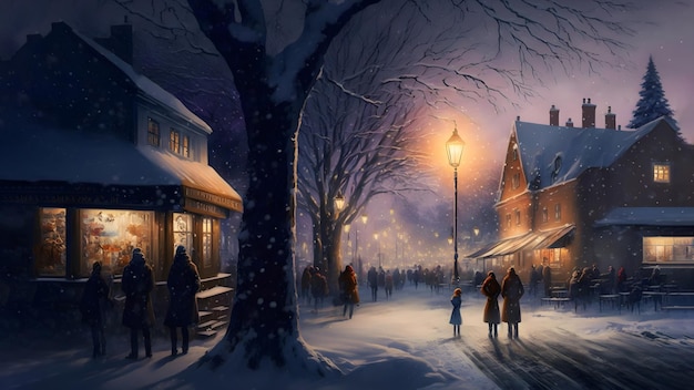 クリスマスの夜の混雑した小さな町の通り ニューラル ネットワークによって生成されたアート