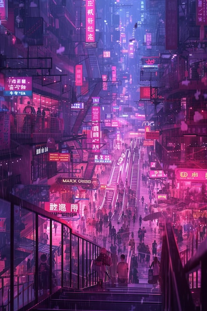 A crowded street in a cyberpunk city with people walking in the rain under colorful neon lights and signs