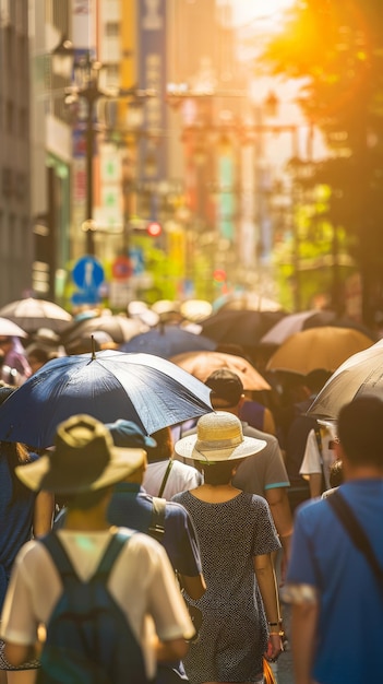 暑さから身を守るために傘を使う人々で混雑した通り 日常生活への熱波の影響