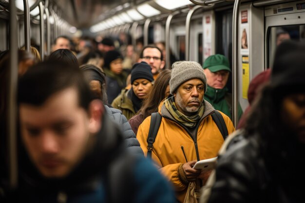 переполненный вагон метро в часы пик, подчеркивающий личное пространство городской жизни