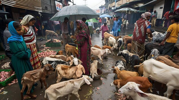 写真 女性が傘を握っている間山羊を売ったり買ったりする人たちで混雑した湿った市場