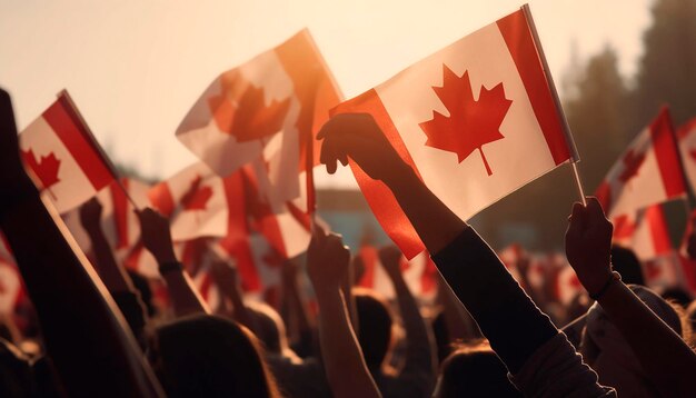 Толпы приветствуют или демонстрируют с размахивающим флагом Канады