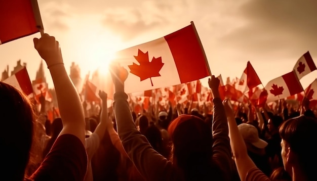 Crowds cheering or demonstrating with the waving flag of Canada