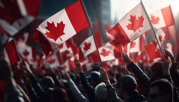 Crowds cheering or demonstrating with the waving flag of Canada