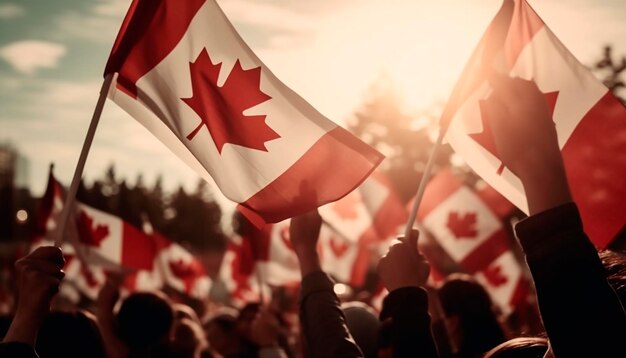 Crowds cheering or demonstrating with the waving flag of Canada