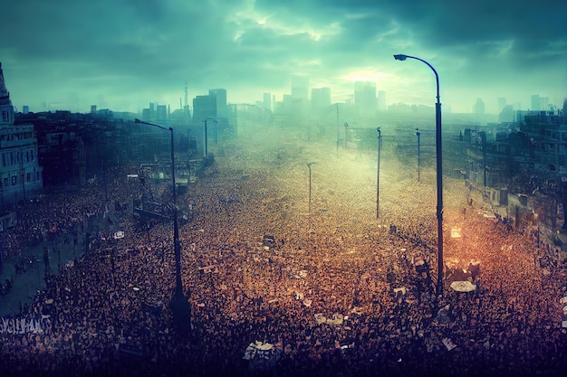 Crowds of demonstrators on the streets with NO WAR banner