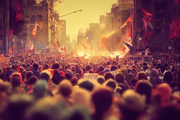 Crowds of demonstrators on the streets with NO WAR banner