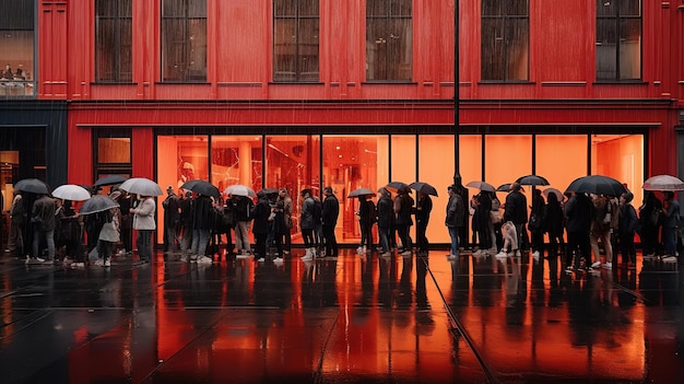 Photo crowds in front of shops in the rain