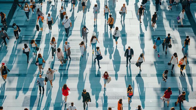 写真 長い影のあるやかな街の通りを歩く人々の群れ